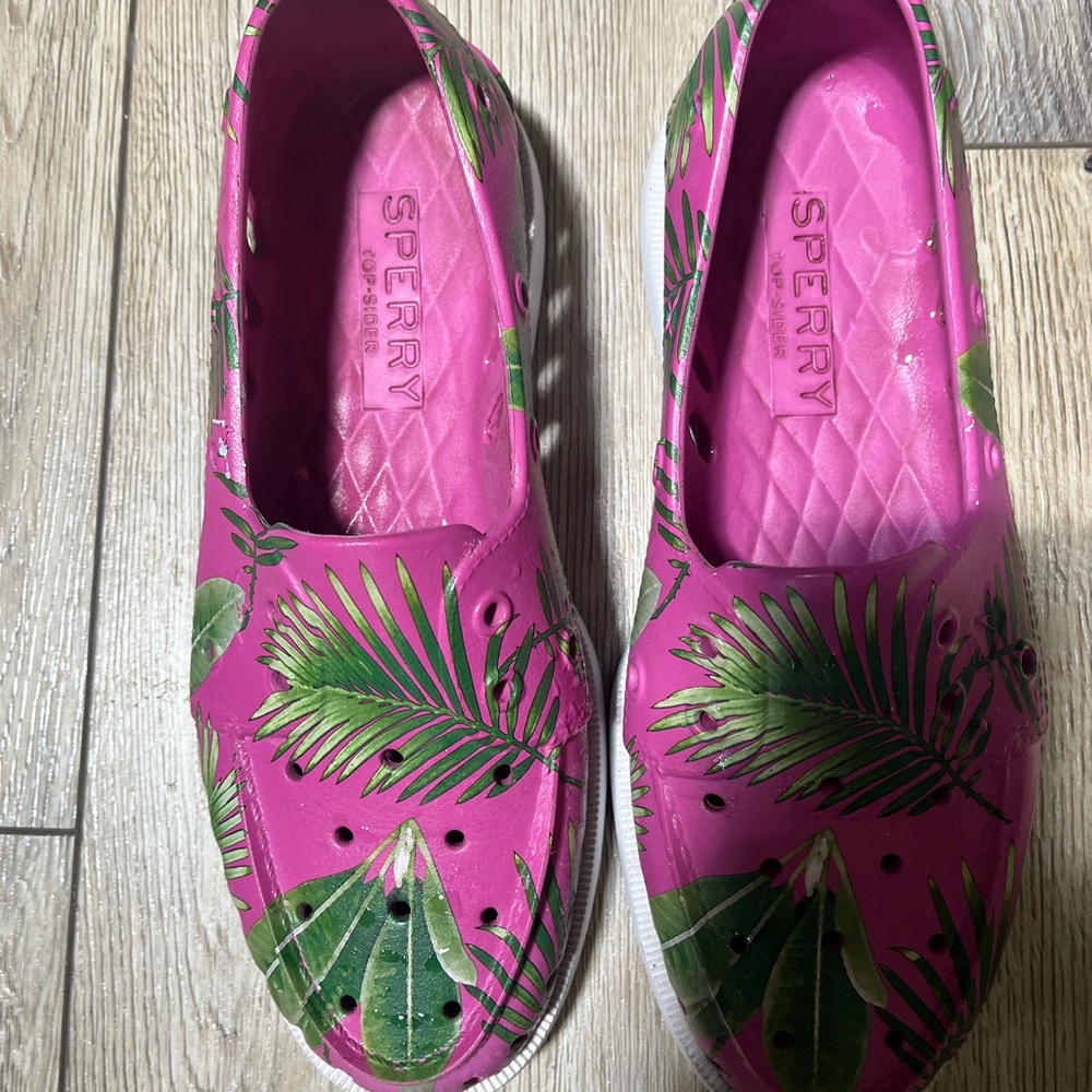 Sperry Women's Pink and Green Tropical Rubber Water Shoes W-9 M-7